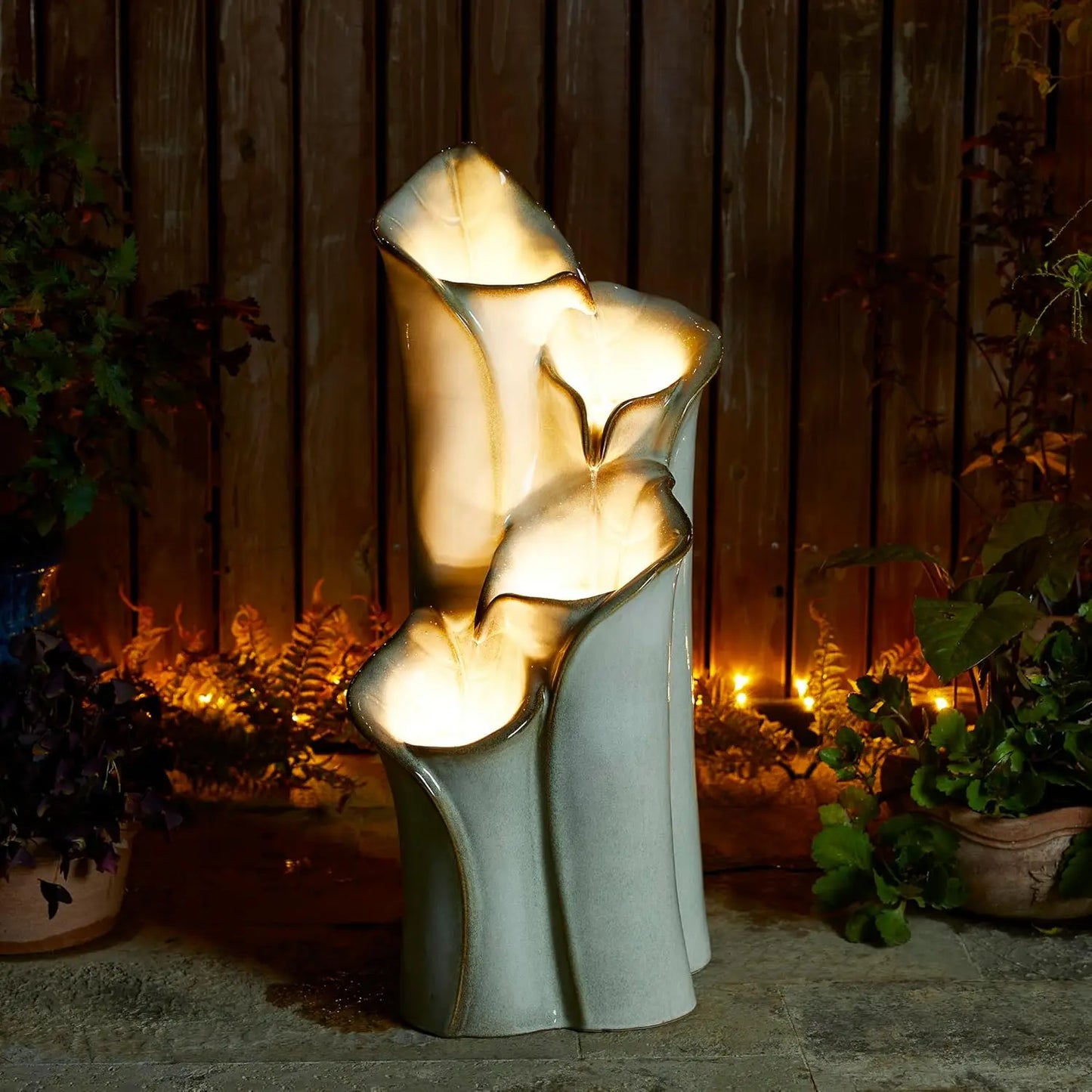 Outdoor Fountain With LED Lights, Water Pump, 4-storey Ceramic Floor, Waterfall Courtyard Vase