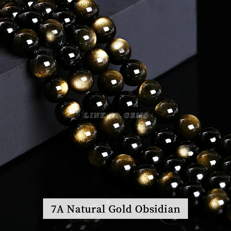 Natural Stone, Golden Black Obsidian Bead, Shinny Round Loose Gemstone, Jewelry Making