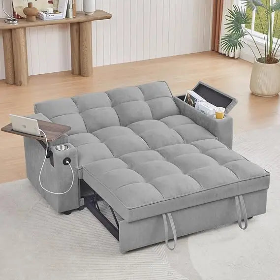 65'' 3-in-1 Folding Convertible Queen Size Pullout Sofa Bed, Modern Chenille Fabric, 360° Swivel Side Table