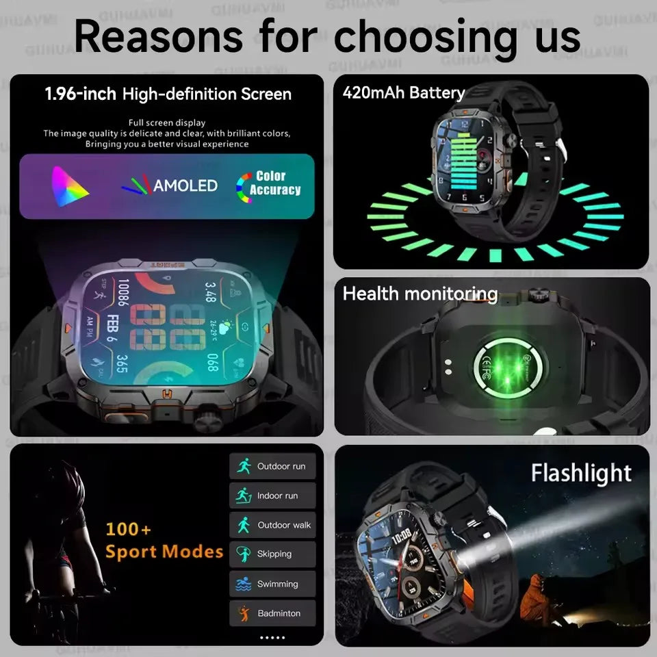 Military Grade Smart Watch Men, 1.96" AMOLED Screen, 5ATM Waterproof Sports Fitness Tracker