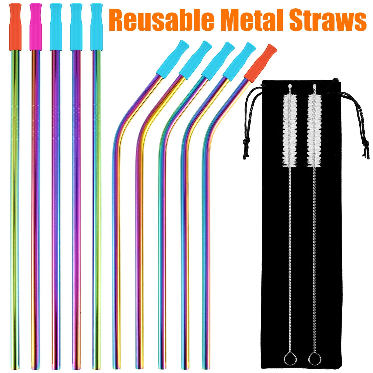 Stainless Steel, Colored Straws, Silicone Tips, Reusable