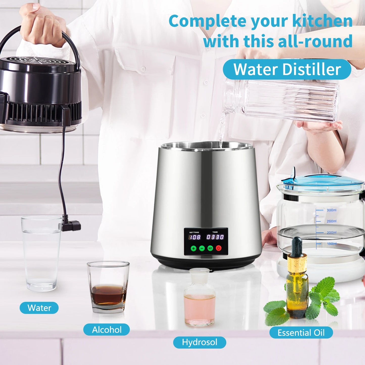 4L Water Distiller Purifier Filter, Drinking Bottle Softener, Touch Screen, Home Appliance