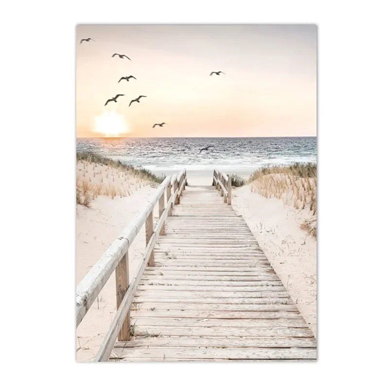 Sunset Sea Lake Boat Bridge Canvas Painting, Seagull Beach Poster, Beige Leaf Reed Wall Art Print