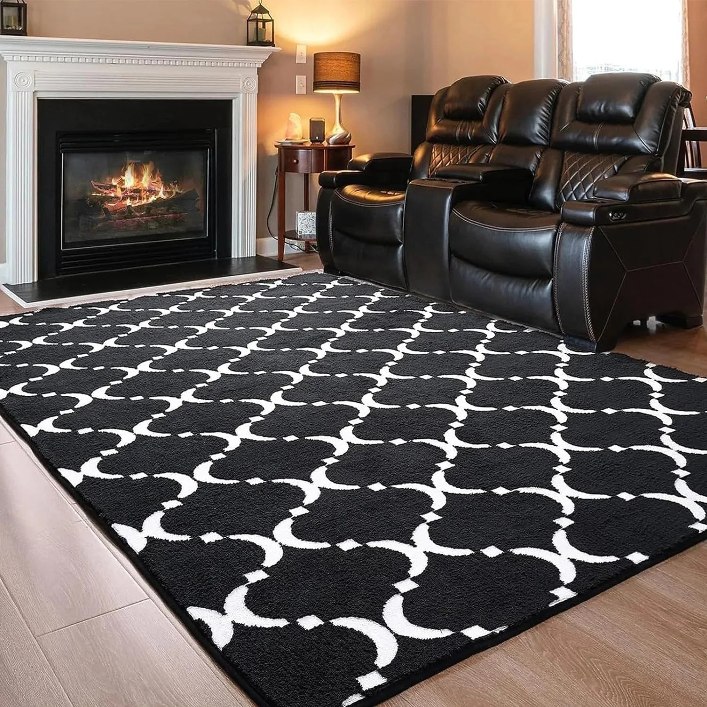 Large Shag Area Rug, Memory Foam, Living Room/Bedroom, Black Plush Geometric