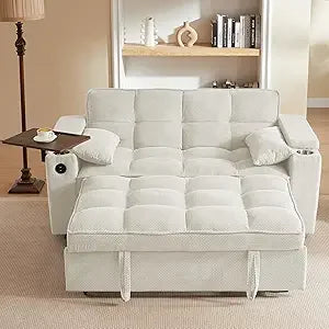 65'' 3-in-1 Folding Convertible Queen Size Pullout Sofa Bed, Modern Chenille Fabric, 360° Swivel Side Table