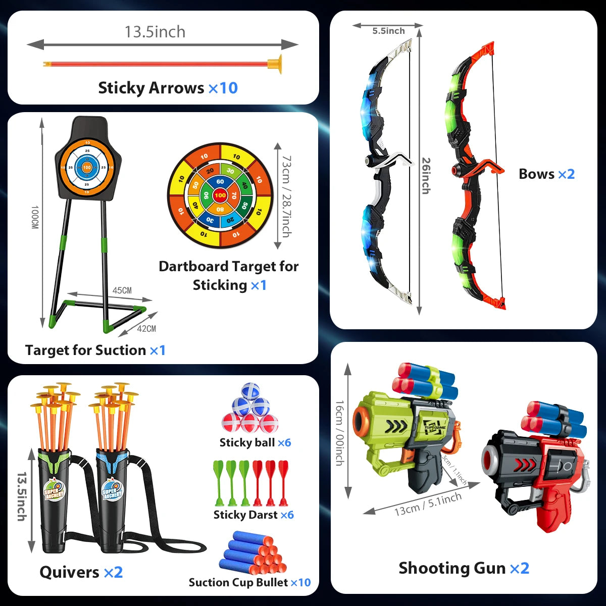 2X Bow Arrow + Guns, Toy For Kids, LED Light Up Archery, Suction Cup, Stand, Dart Board