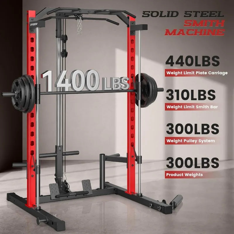 Smith Machine Power Rack, All-in-One Power Cage, Squat, LAT Pulldown, Cable Machine