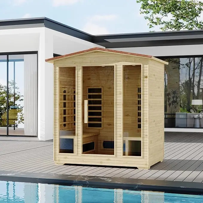 1-Person Outdoor Infrared Wooden Sauna, 3-D Fast Heating Home Spa, Chromotherapy Light