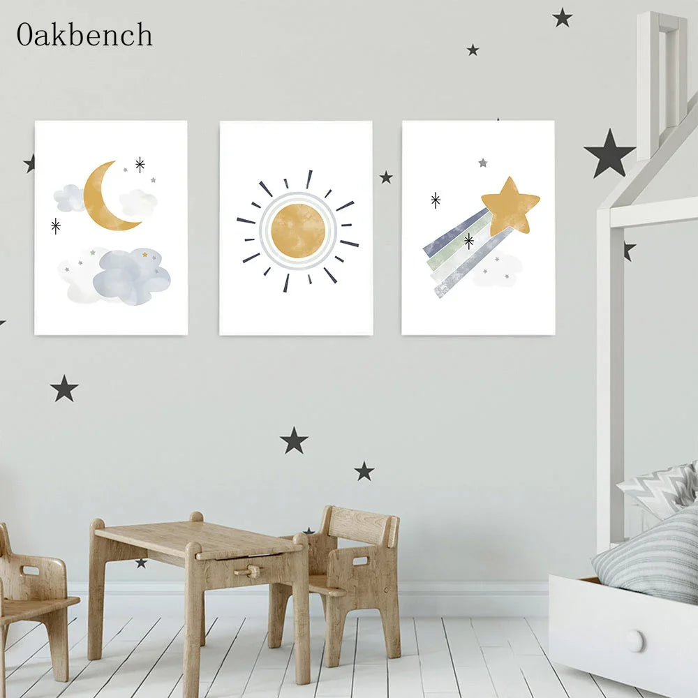 Blue Planet Art Painting, Spaceship, Star Moon Wall Pictures, Rainbow Nursery Wall Posters