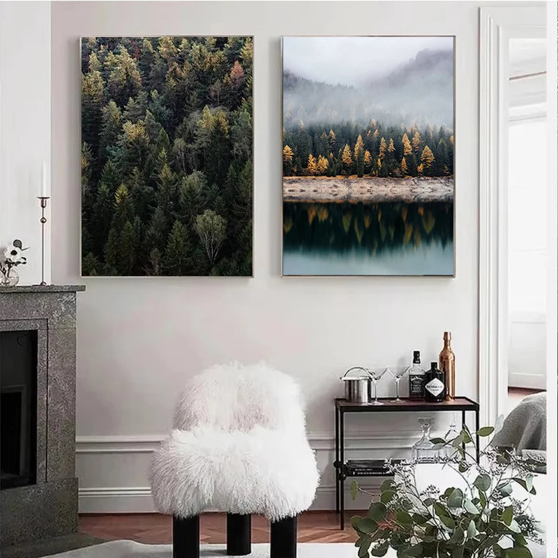 Beautiful Dark Green Forest, Foggy Mountain Landscape, Nature Scenery Poster, Canvas Painting Wall Art Pictures