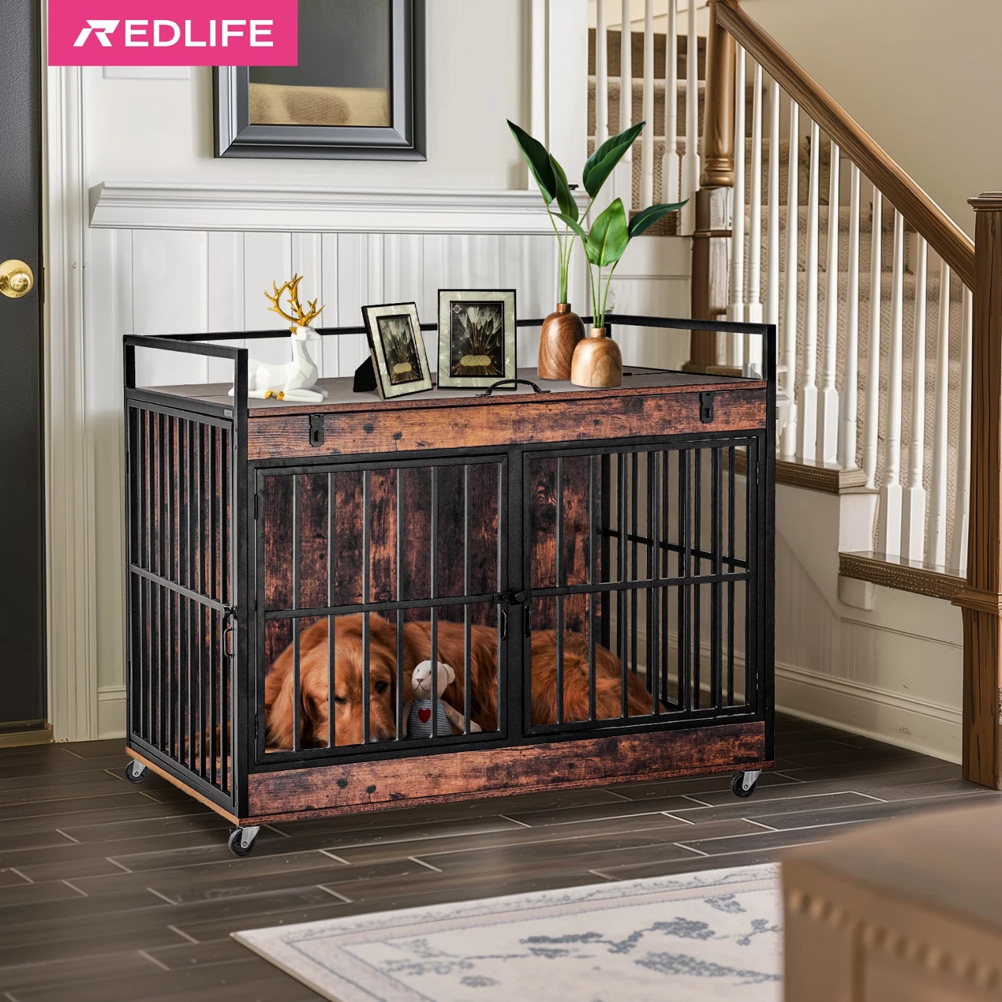 End Table Dog Kennel with Wheels, Feeder Bowls