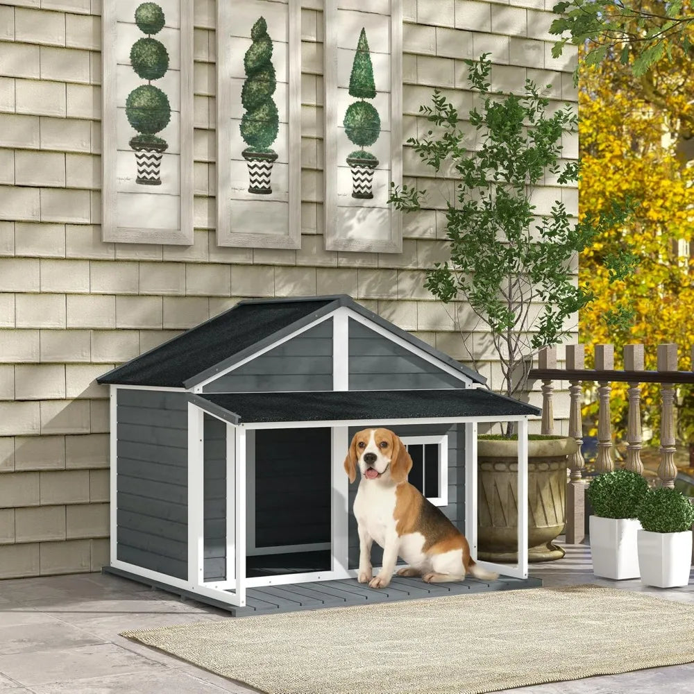 Outdoor Dog House Cabin Style, Wooden Raised Pet Kennel with Asphalt Roof, Front Door, Side Window, Porch for Medium and Large Dogs