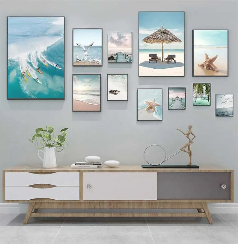 Beach Sea Ocean Canvas Wall Art Poster, Bridge Leaves Turtle Seagull Print Painting, Vibrant Summer Picture