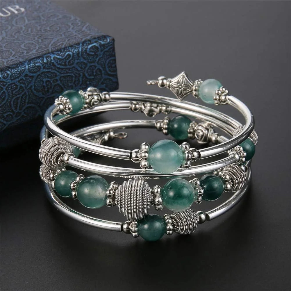 Beaded Chakra Bangle Turquoise Bracelet , Thick Silver Metal and Mala Beads
