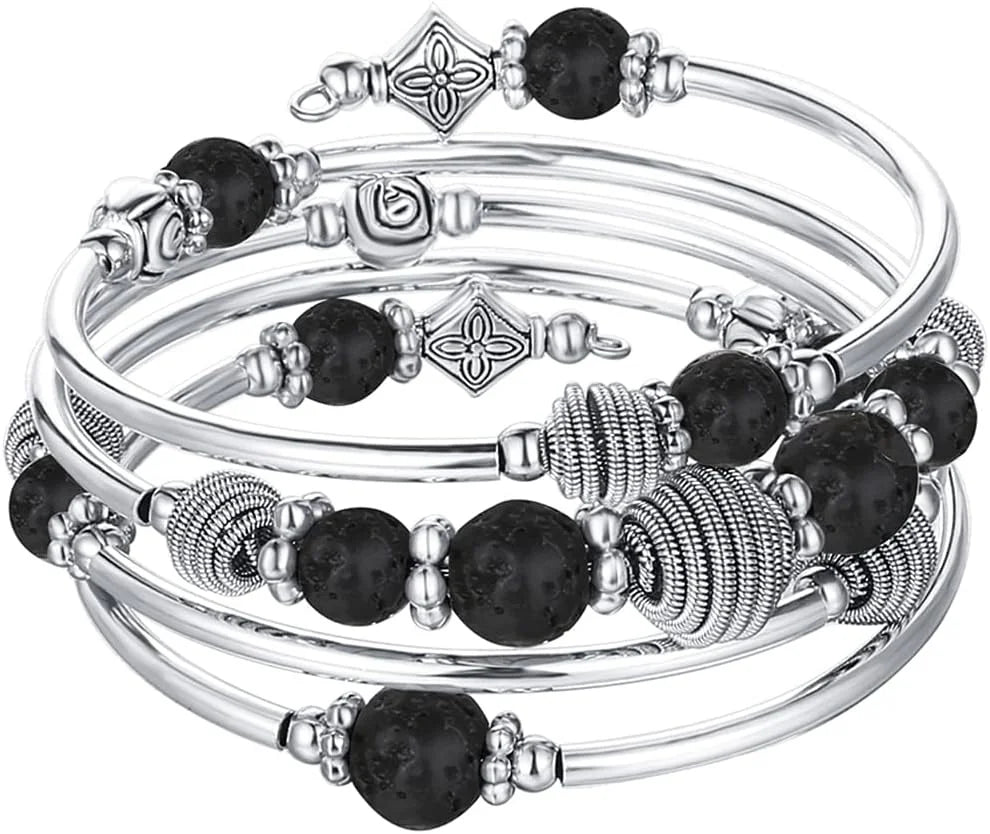 Beaded Chakra Bangle Turquoise Bracelet , Thick Silver Metal and Mala Beads