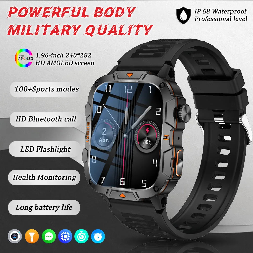 Military Grade Smart Watch Men, 1.96" AMOLED Screen, 5ATM Waterproof Sports Fitness Tracker