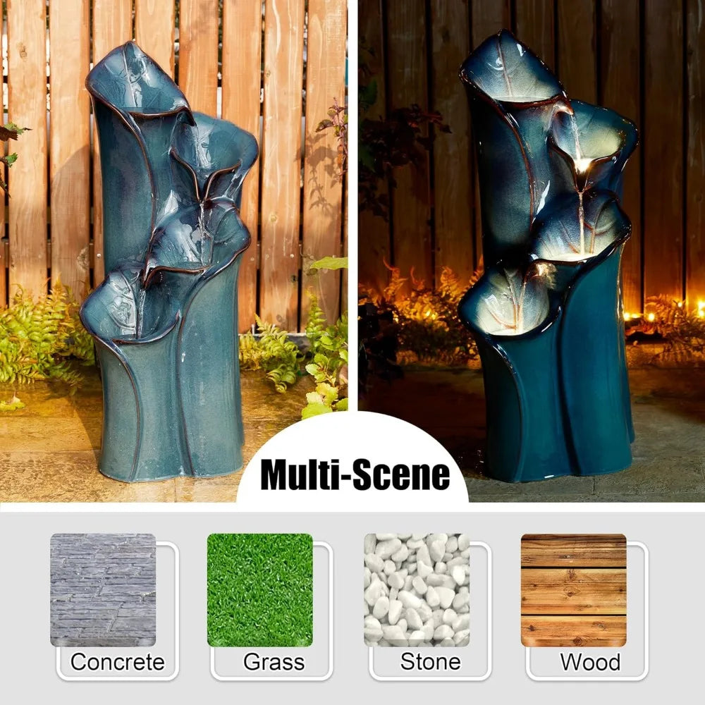 Outdoor Fountain With LED Lights, Water Pump, 4-storey Ceramic Floor, Waterfall Courtyard Vase