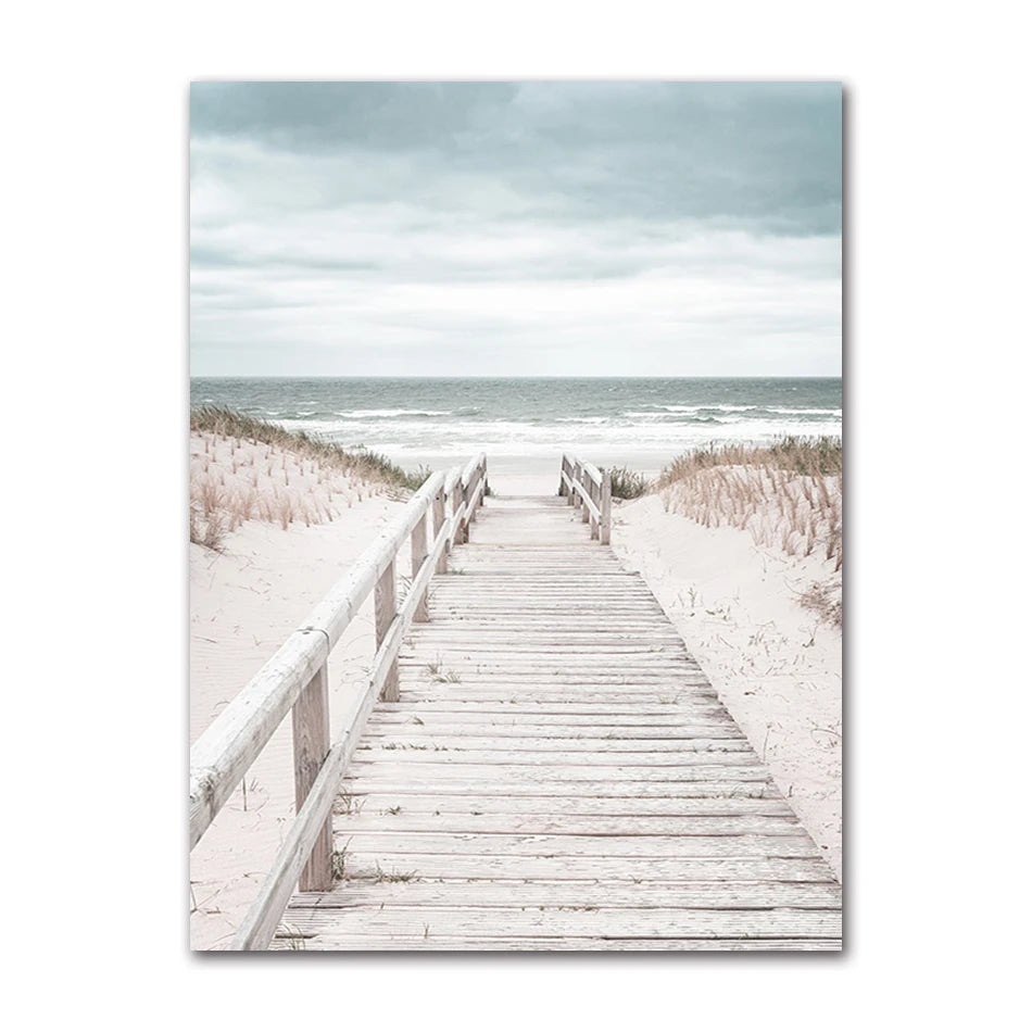 Beach Sea Ocean Canvas Wall Art Poster, Bridge Leaves Turtle Seagull Print Painting, Vibrant Summer Picture