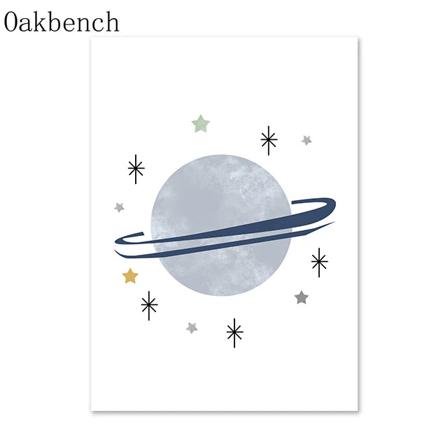 Blue Planet Art Painting, Spaceship, Star Moon Wall Pictures, Rainbow Nursery Wall Posters