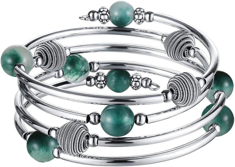 Beaded Chakra Bangle Turquoise Bracelet , Thick Silver Metal and Mala Beads