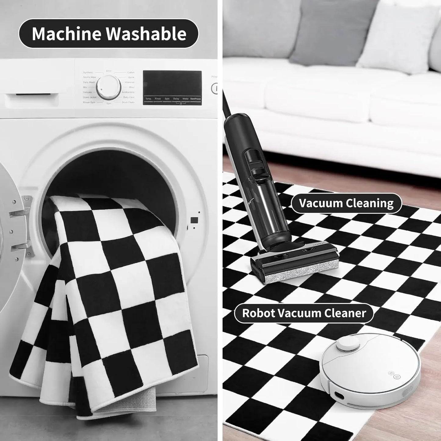 Black and White Checkered Rug for Living Room, Bedroom, Washable, Non Slip, Stain Resistance