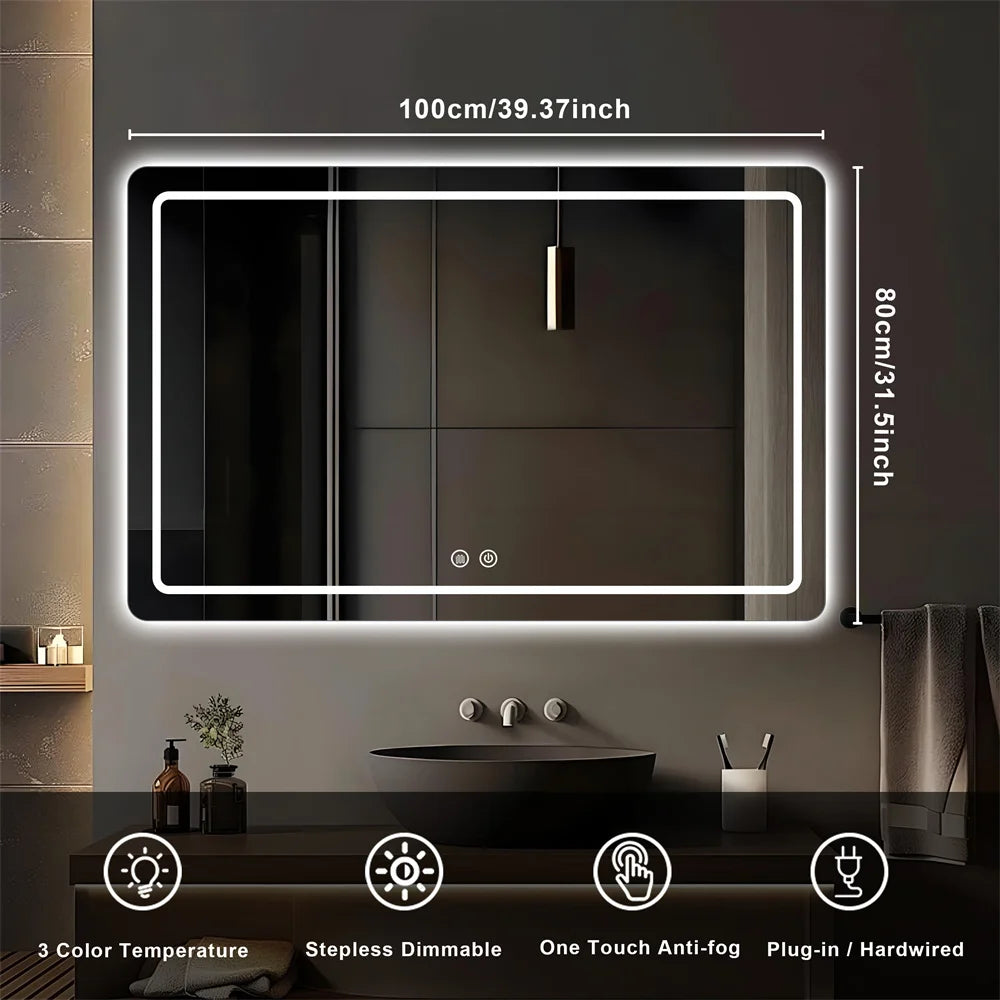 32x40 inch LED Bathroom/Vanity Mirror with Backlit Lights Fogless Wall Mounted with Demister Dimmable