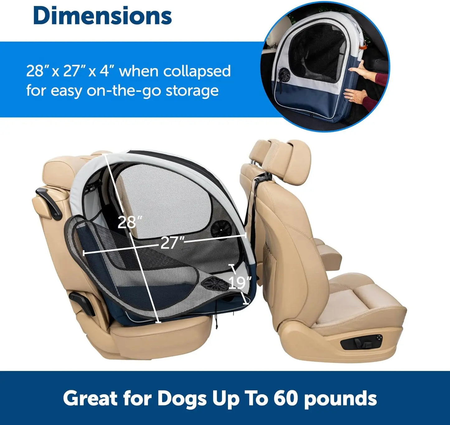 Portable Pet Crate for Car, Folds Down for Storage, Secures with Headrest Strap and Seatbelt,