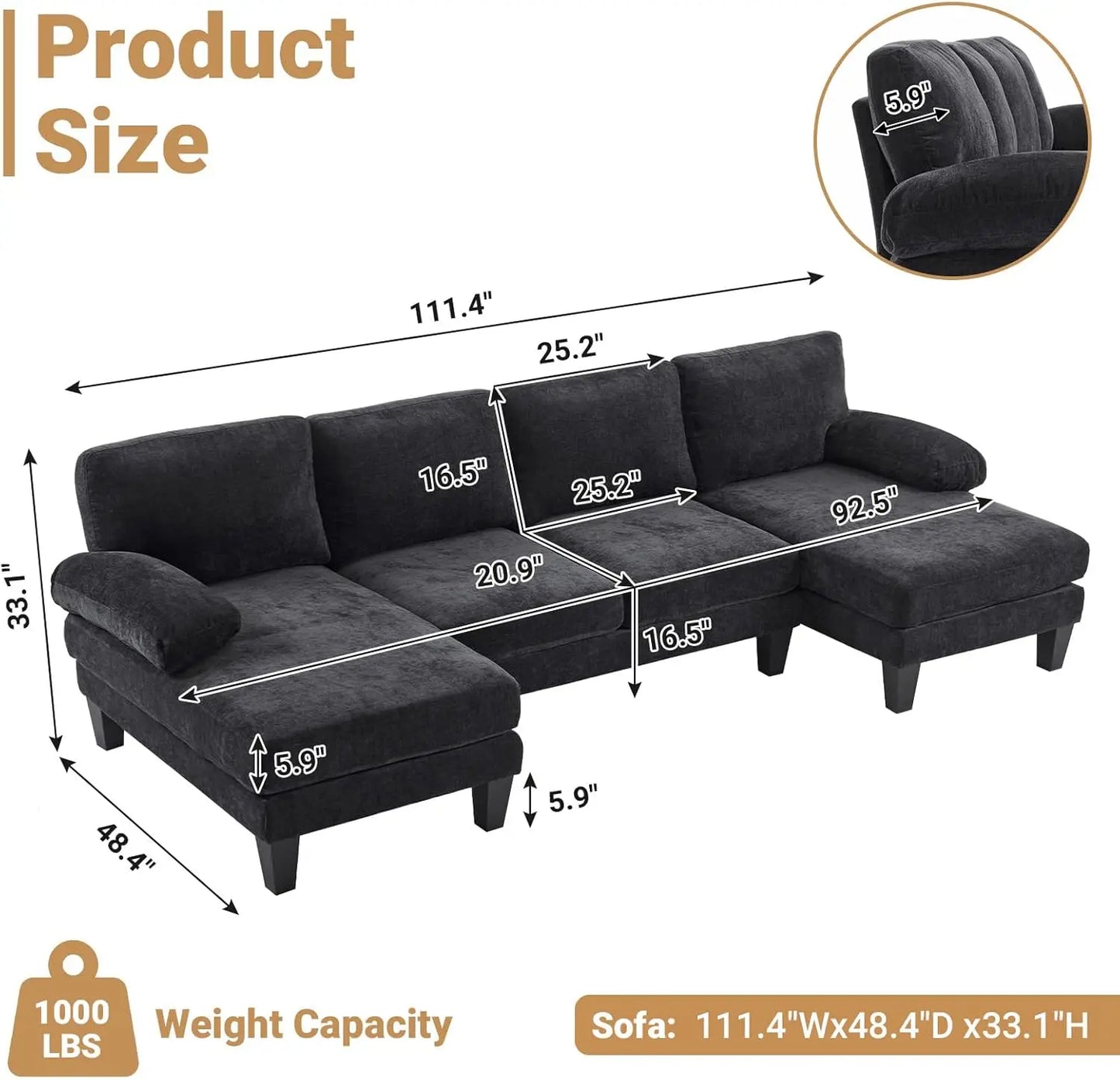 110" U Shaped Couch with Double Chaise, 4-Seat Sofa Set with Chenille Fabric