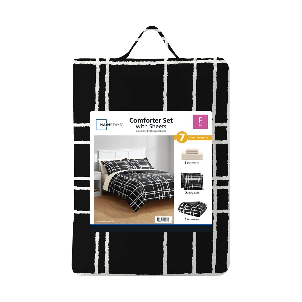 7-Piece Full Reversible Comforter Set, Sheets, Pillowcases, Shams, Storage Bag, Soft Polyester Bedding, Black White Checker