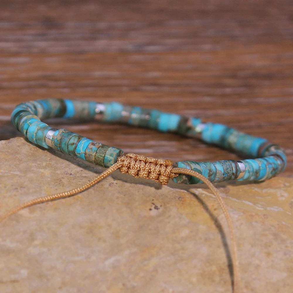 Natural Turquoise Stone Beads, Woven Bracelet, Adjustable Rope