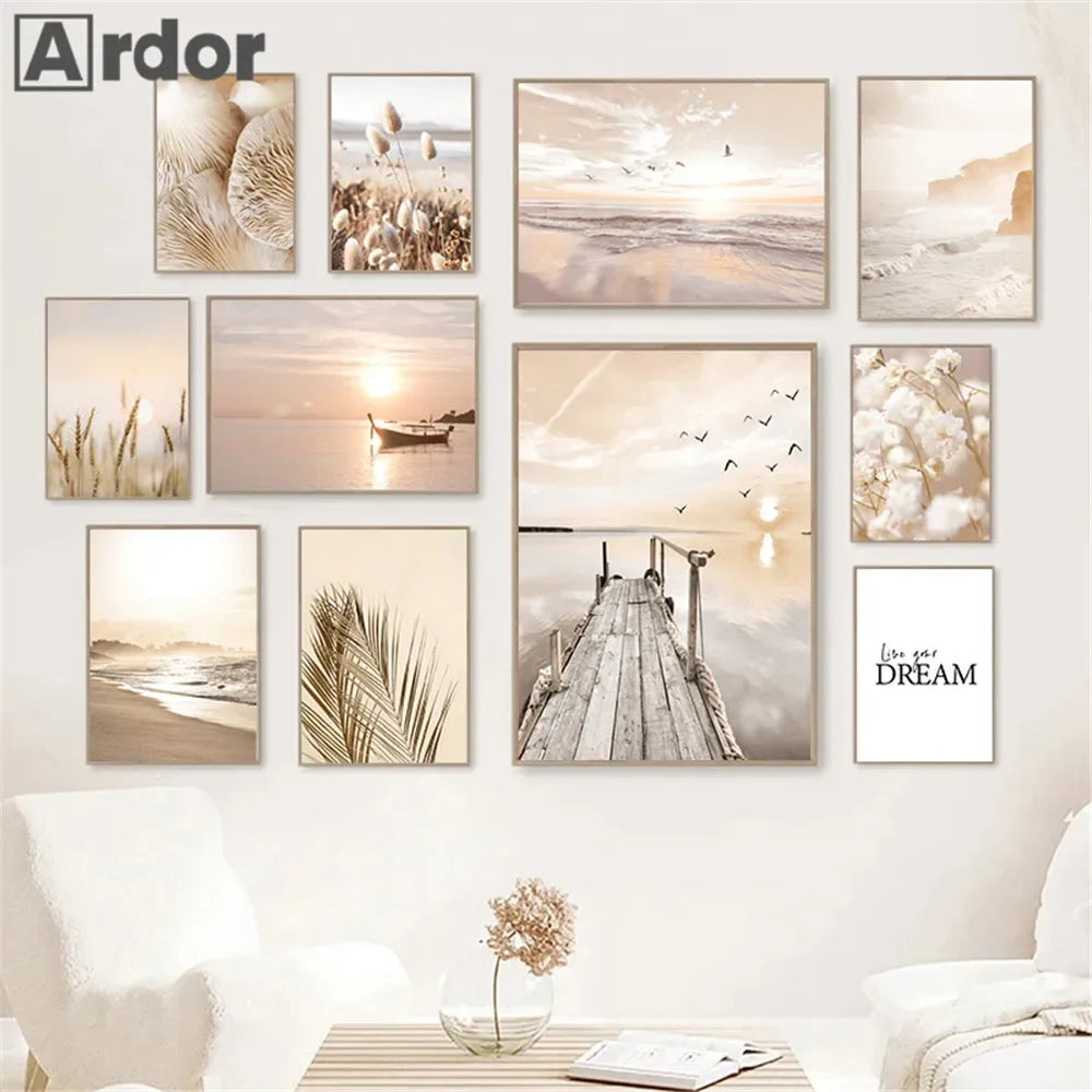 Sunset Sea Lake Boat Bridge Canvas Painting, Seagull Beach Poster, Beige Leaf Reed Wall Art Print