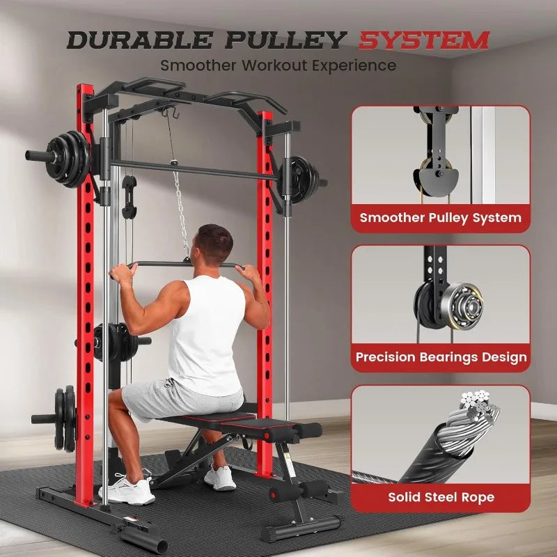 Smith Machine Power Rack, All-in-One Power Cage, Squat, LAT Pulldown, Cable Machine