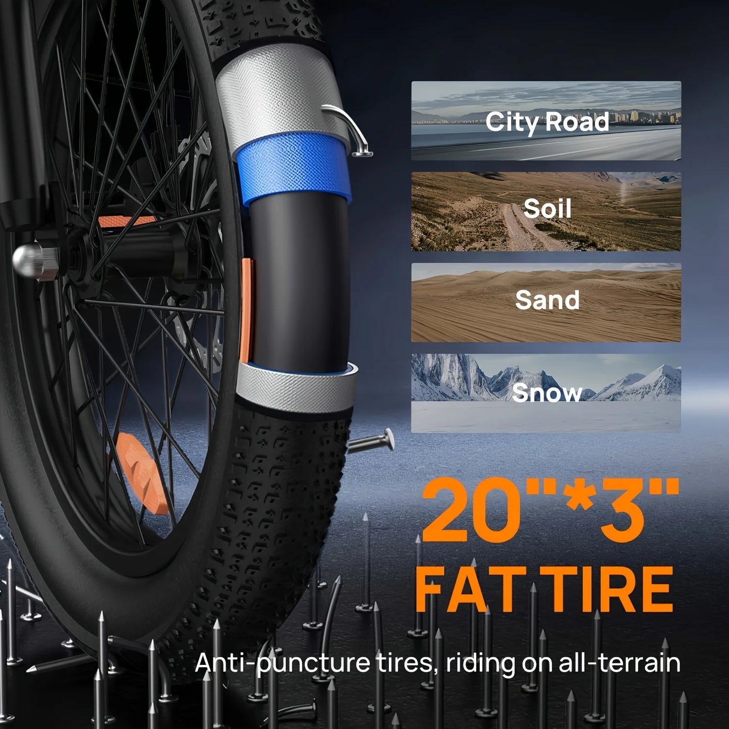 Electric Bike, 48V 13Ah Removable Battery, 20MPH, 20''X3" Fat Tire, 7-Speed, Dual Disc Brake