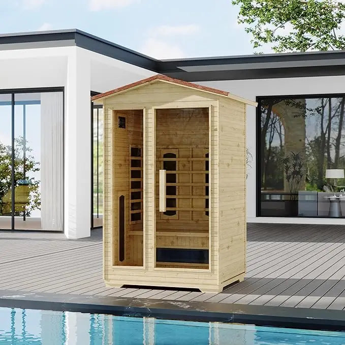 1-Person Outdoor Infrared Wooden Sauna, 3-D Fast Heating Home Spa, Chromotherapy Light