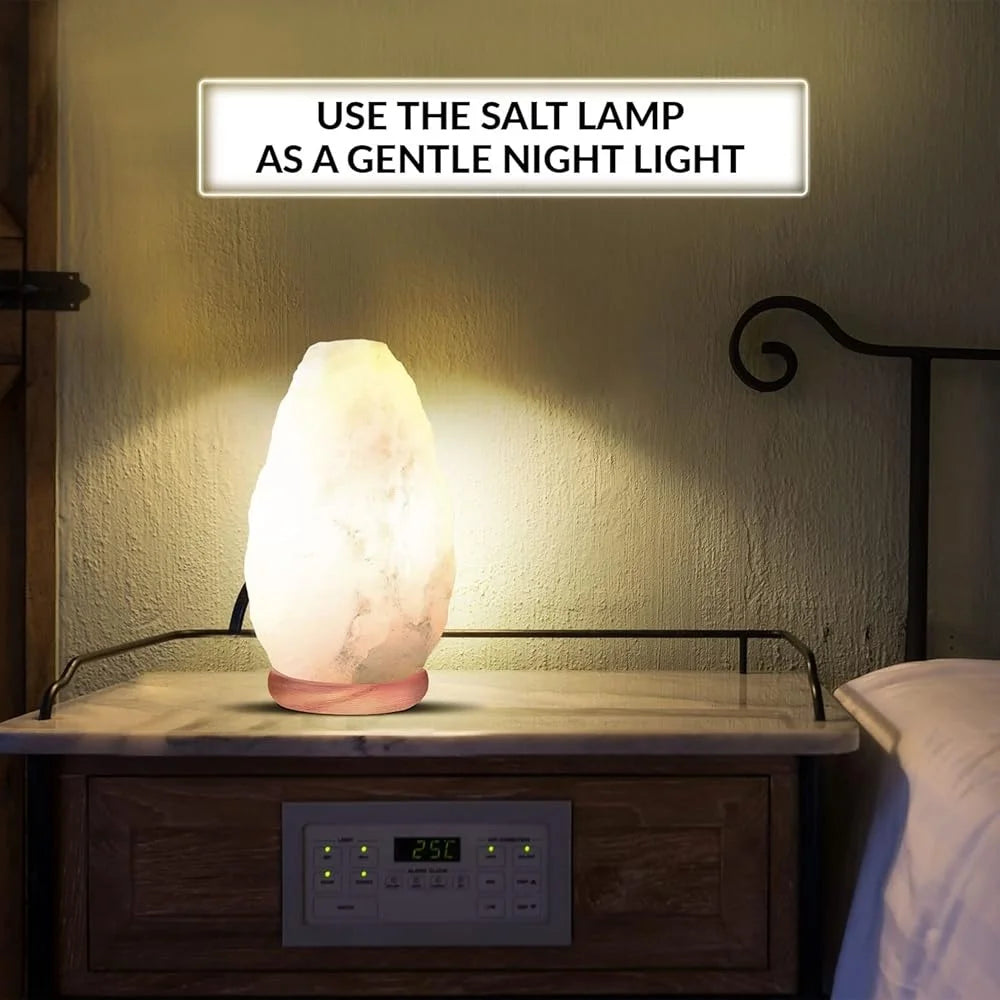 Natural White Salt Crystal Lamp, Handmade, Neem Wooden Base, Adjustable Brightness