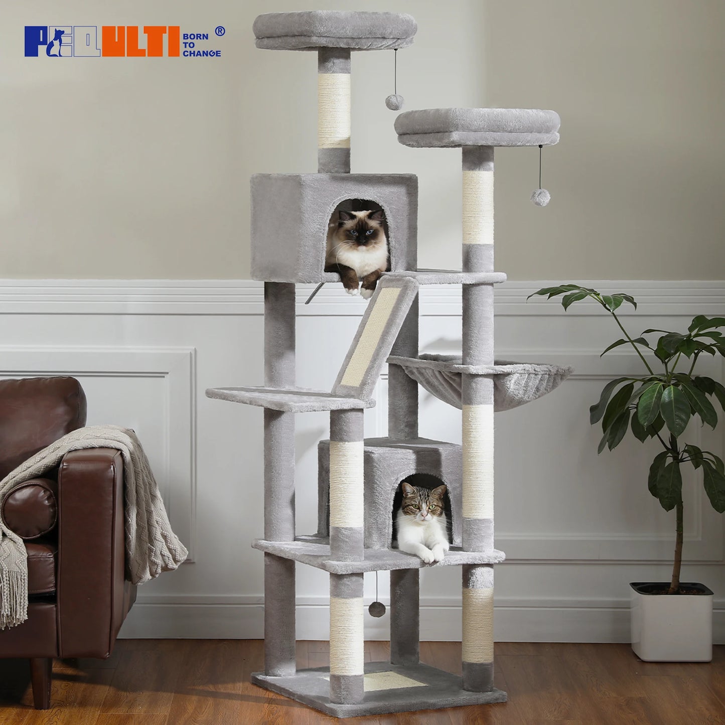 Tall Cat Tower for Indoor Cats, Multi-Level Plush Condo with Scratching Posts, Perches, Caves
