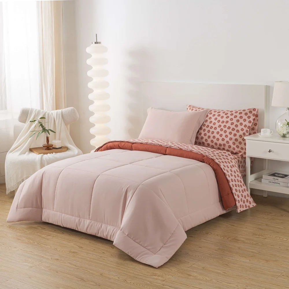 5-Piece Twin XL Reversible Bed in a Bag Comforter Set, Sheets, Soft Pink Red Canyon
