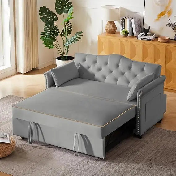 65'' 3-in-1 Folding Convertible Queen Size Pullout Sofa Bed, Modern Chenille Fabric, 360° Swivel Side Table