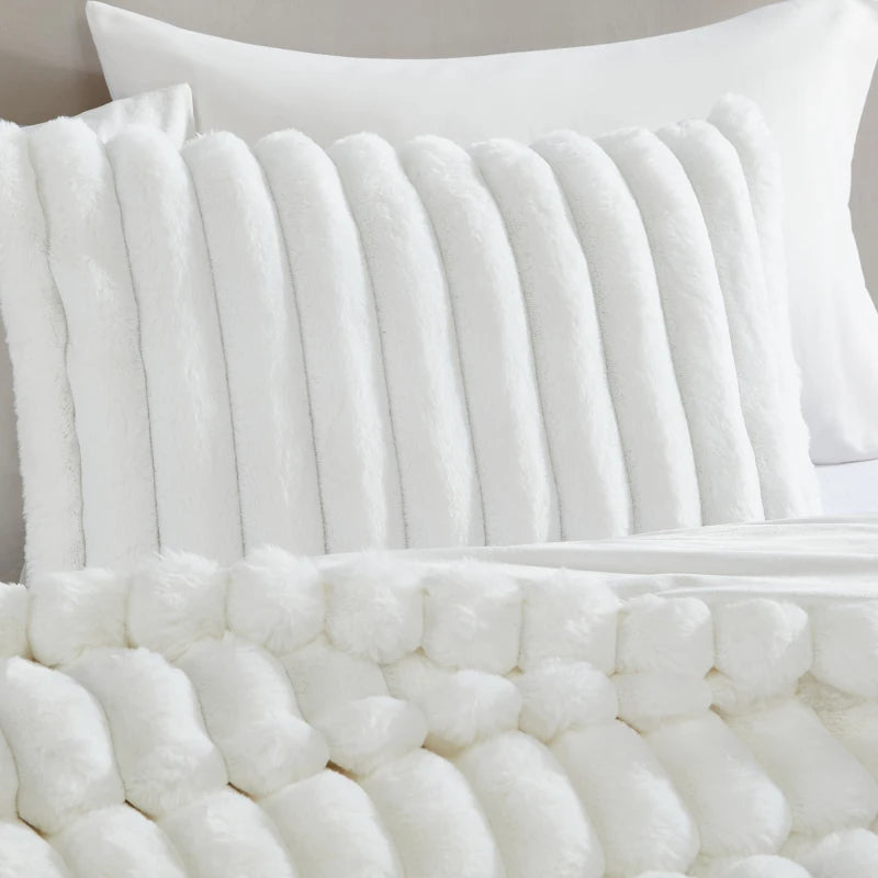 Everett Channel Faux Fur White 4 PC King Comforter Set