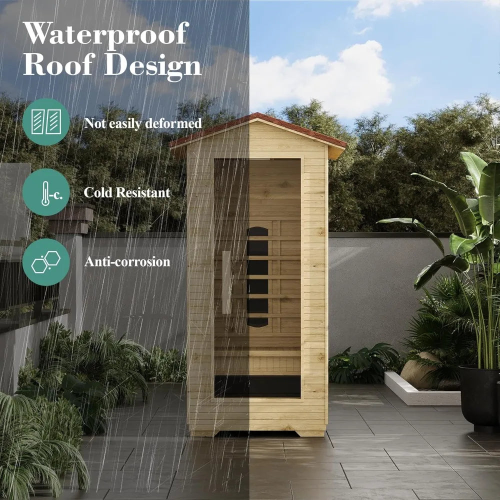 1-Person Outdoor Infrared Wooden Sauna, 3-D Fast Heating Home Spa, Chromotherapy Light