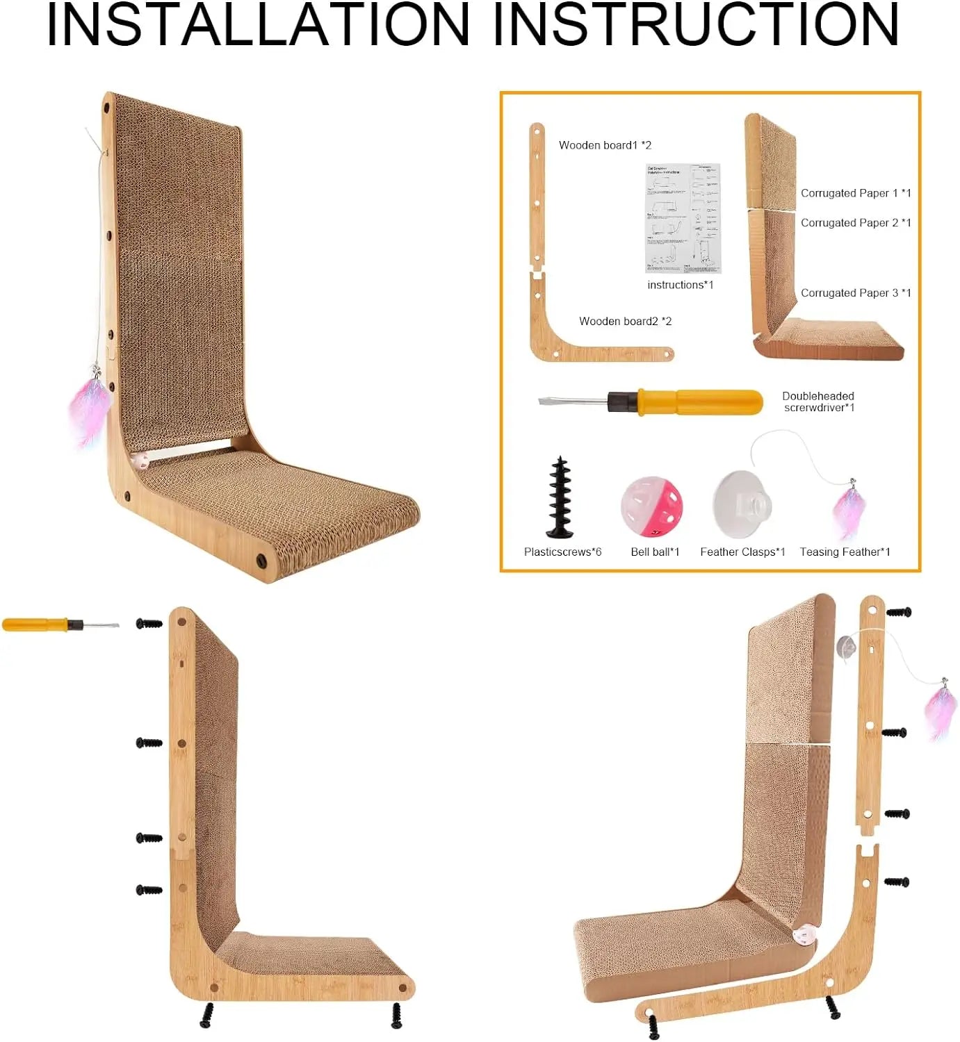 L Shape Cat Scratcher, 23.6 Inch, Indoor, Protecting Furniture, Cardboard