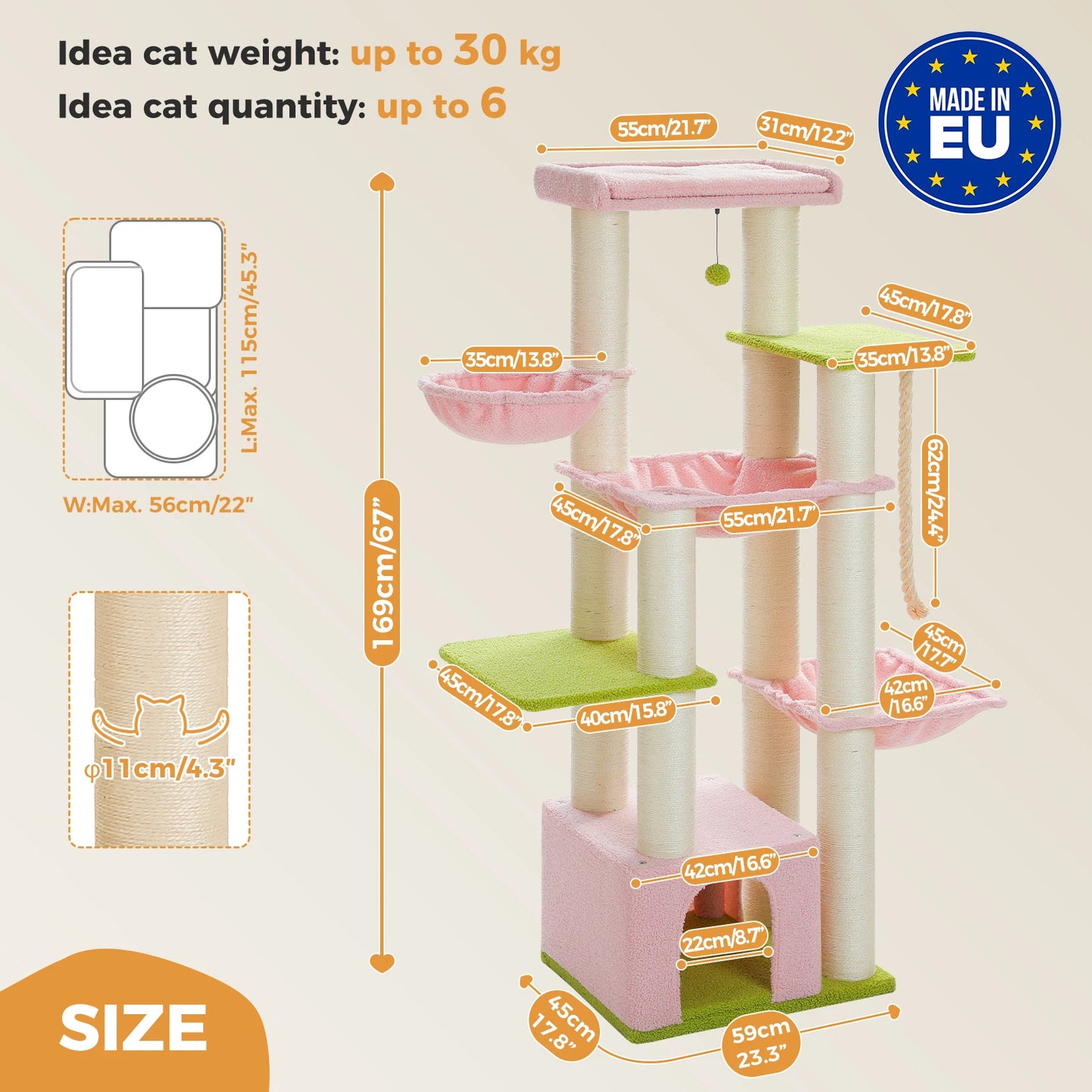 Multi-Level Cat Tree with Scratching Posts, Cozy Condo, Super Large Perch, Deep Hammocks