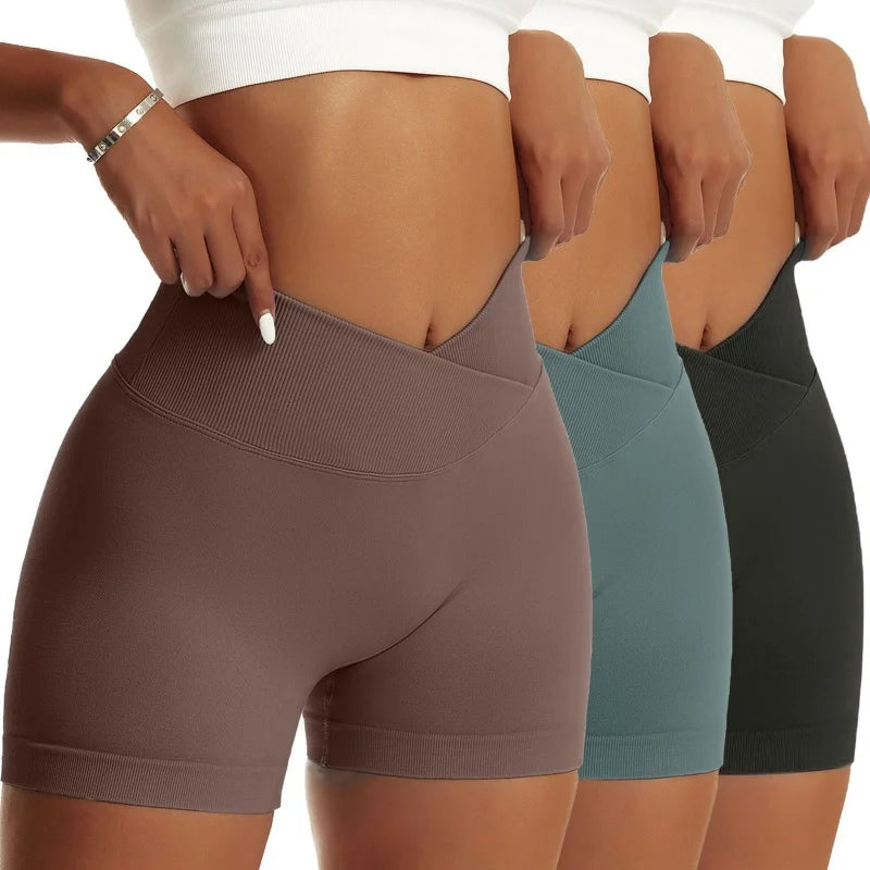 3 Pieces Women Solid Peach Hip Sports Pants, High Waist Elastic, Breathable, Running/Biker/Yoga
