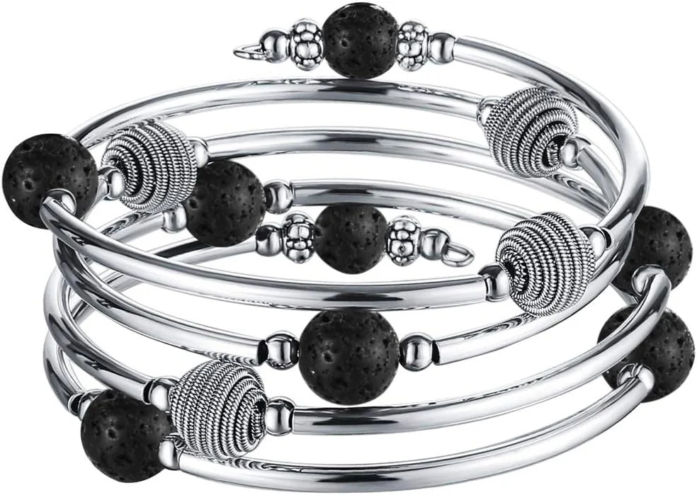 Beaded Chakra Bangle Turquoise Bracelet , Thick Silver Metal and Mala Beads
