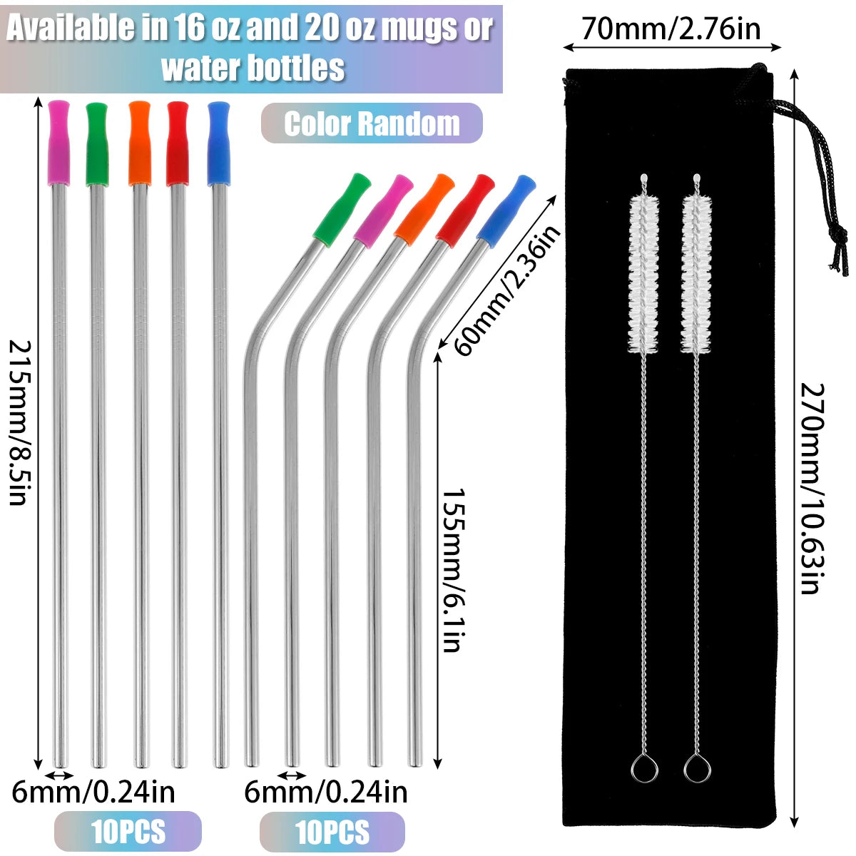 Stainless Steel, Colored Straws, Silicone Tips, Reusable