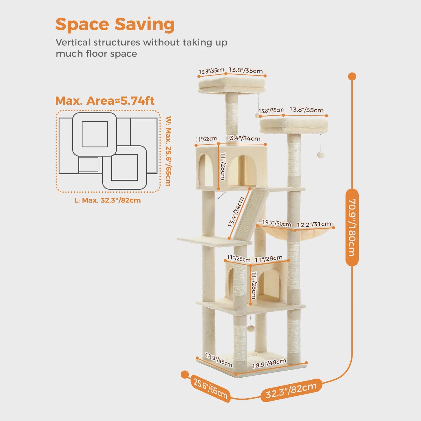 Tall Cat Tower for Indoor Cats, Multi-Level Plush Condo with Scratching Posts, Perches, Caves