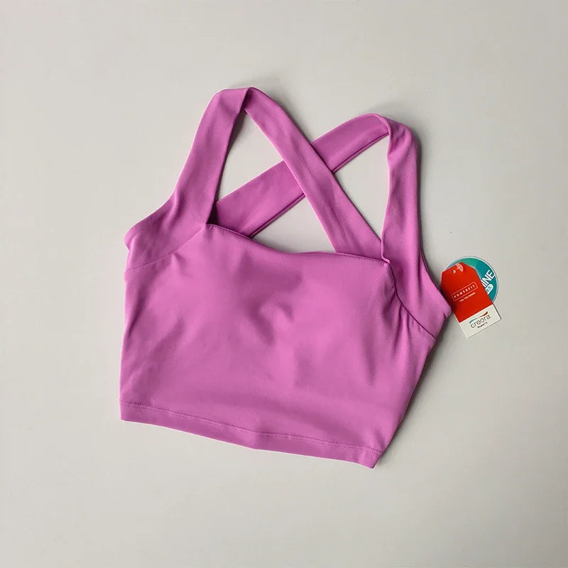 Seamless Cross Back Sports Bra, Wide Shoulder Straps, Shock-absorbing, Yoga Vest Top