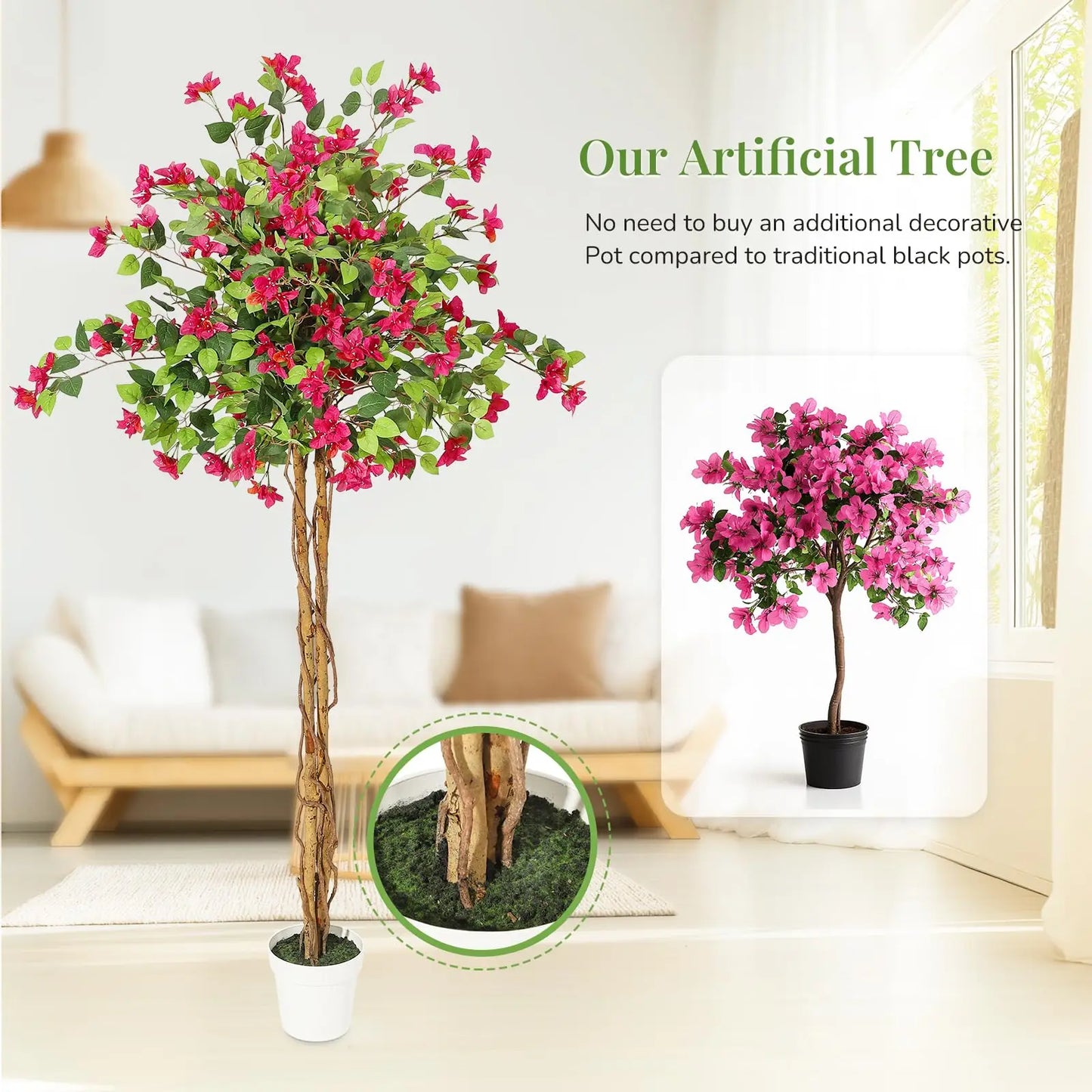 Artificial Bougainvillea Flower Tree, Indoor, White Pot, Home Decoration