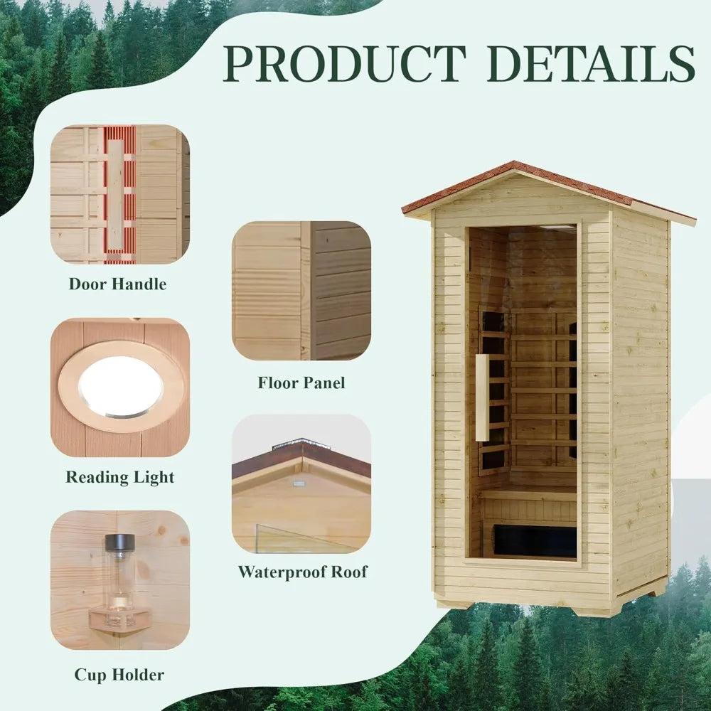 1-Person Outdoor Infrared Wooden Sauna, 3-D Fast Heating Home Spa, Chromotherapy Light