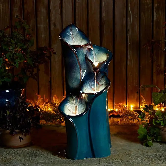Outdoor Fountain With LED Lights, Water Pump, 4-storey Ceramic Floor, Waterfall Courtyard Vase